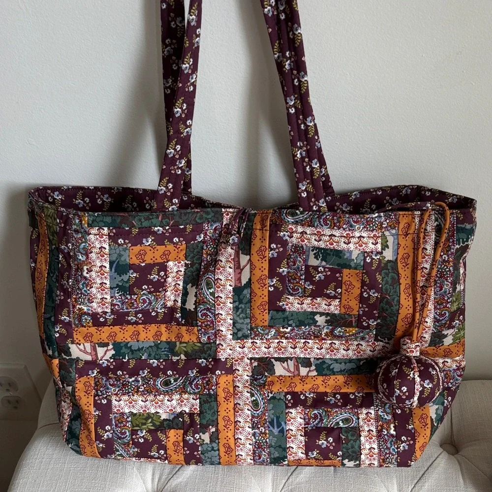 Quilted Patchwork Tote and Crossbody Bag Set - burgundy autumn colors